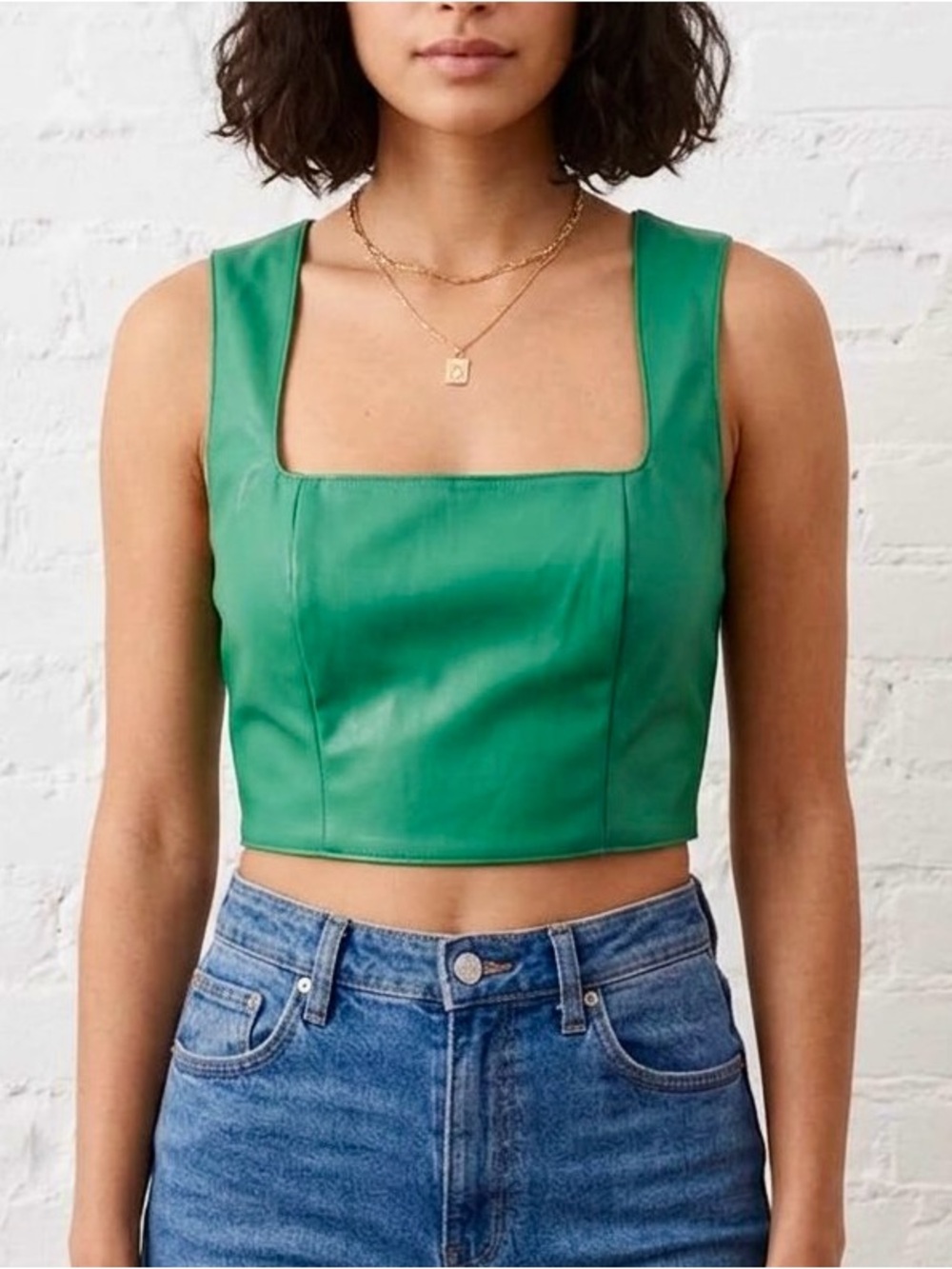 7 For All Mankind Green Faux Leather Square Neck Crop Top M